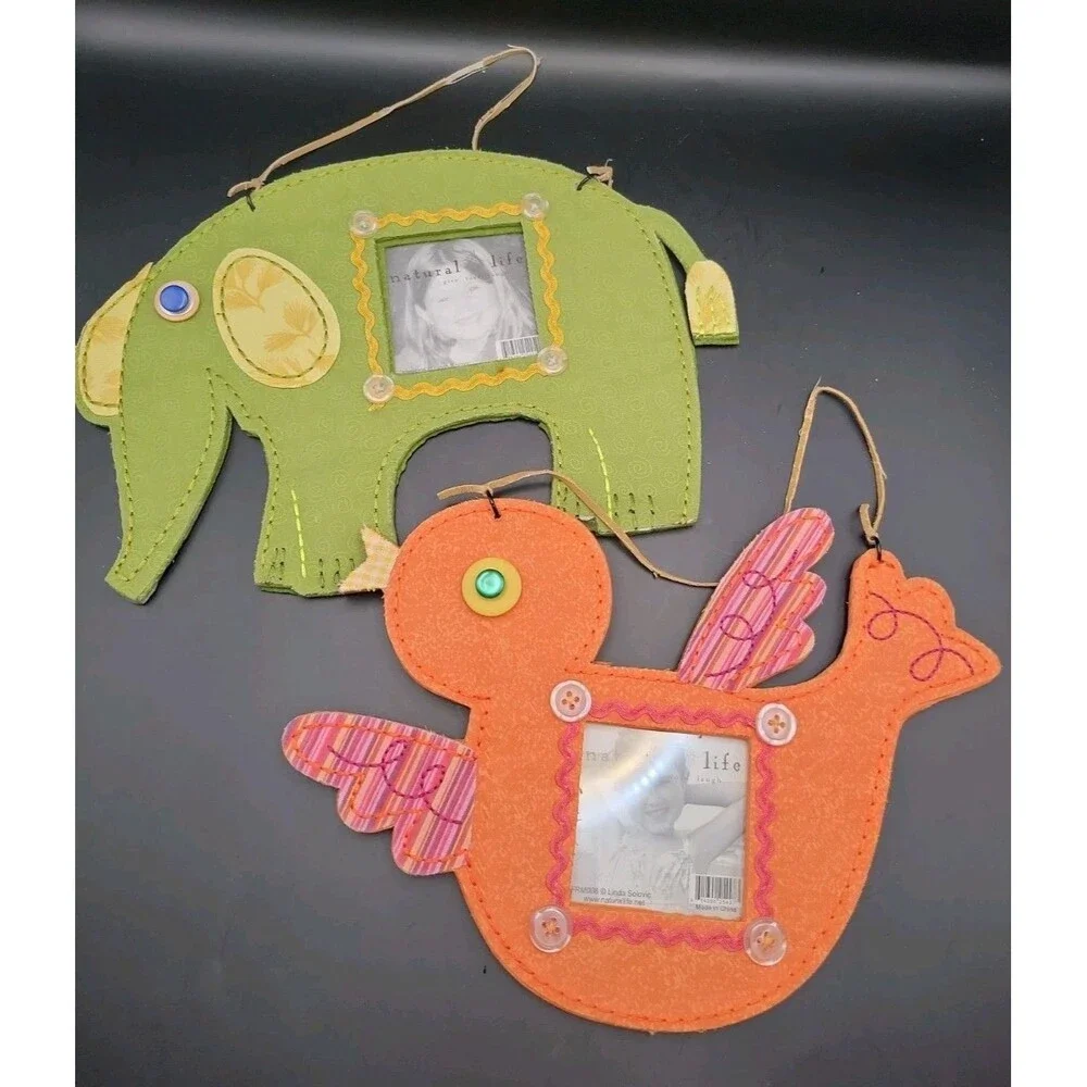 2 Natural Life Elephant & Bird Fabric Stitch Picture Frames Children’s Baby Room